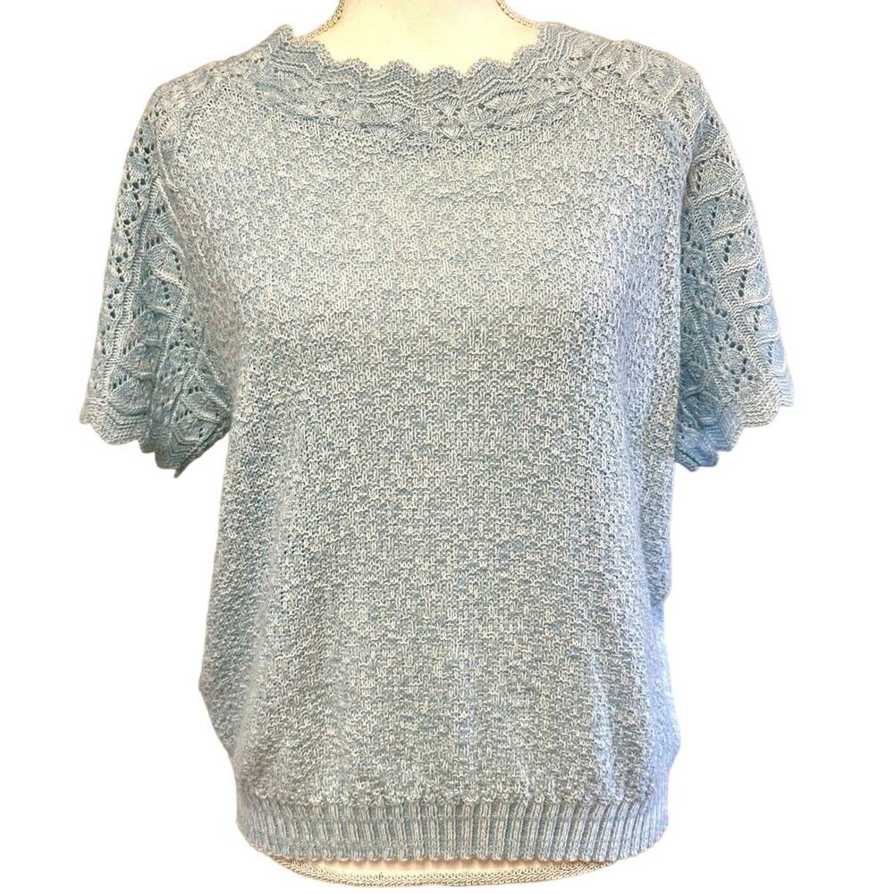 Haband! Powder Blue Short Sleeve Lace Knit Top sz‎ L